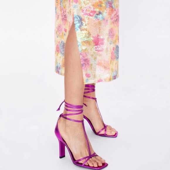 Zara Floral Print Sequin Midi Long Sleeve Dress - Picture 7 of 9